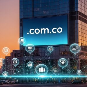 El Dominio .com.co como estrategia de crecimiento en Colombia. Edificio corporativo con pantalla digital mostrando el dominio .com.co en una ciudad, simbolizando la presencia digital y SEO local en Colombia.