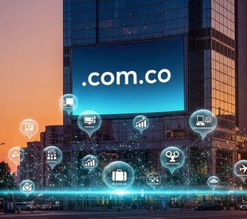 Edificio corporativo con pantalla digital mostrando el dominio .com.co en una ciudad, simbolizando la presencia digital y SEO local en Colombia.