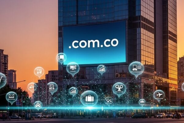 Edificio corporativo con pantalla digital mostrando el dominio .com.co en una ciudad, simbolizando la presencia digital y SEO local en Colombia.