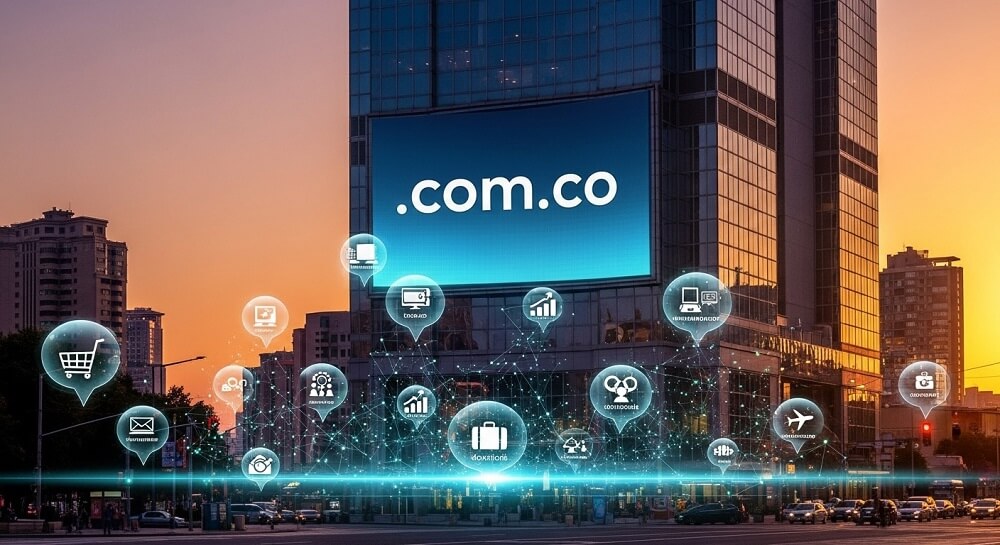 Edificio corporativo con pantalla digital mostrando el dominio .com.co en una ciudad, simbolizando la presencia digital y SEO local en Colombia.