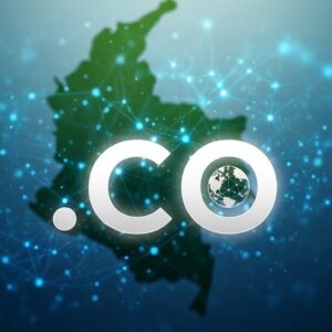 Dominio .CO Colombia - Extensión Global para Empresas y Startups Digitales Dominio .co con mapa de Colombia y red de conexiones digitales globales en fondo azul tecnológico