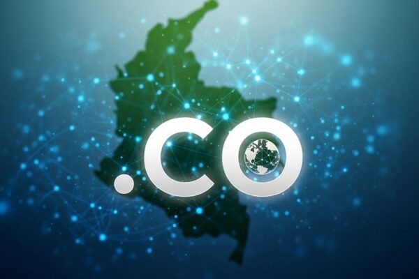 Dominio .co con mapa de Colombia y red de conexiones digitales globales en fondo azul tecnológico