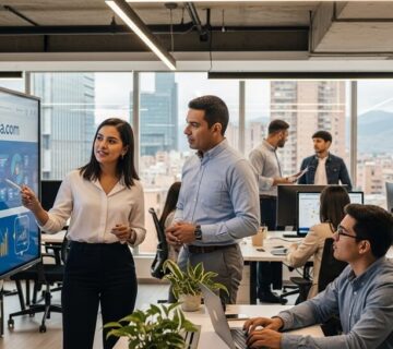 Profesionales en una oficina moderna analizan gráficos digitales en una pantalla con el dominio colombiainformatica.com, simbolizando el valor y la relevancia del dominio .com en el entorno empresarial y tecnológico actual.