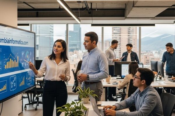 Profesionales en una oficina moderna analizan gráficos digitales en una pantalla con el dominio colombiainformatica.com, simbolizando el valor y la relevancia del dominio .com en el entorno empresarial y tecnológico actual.