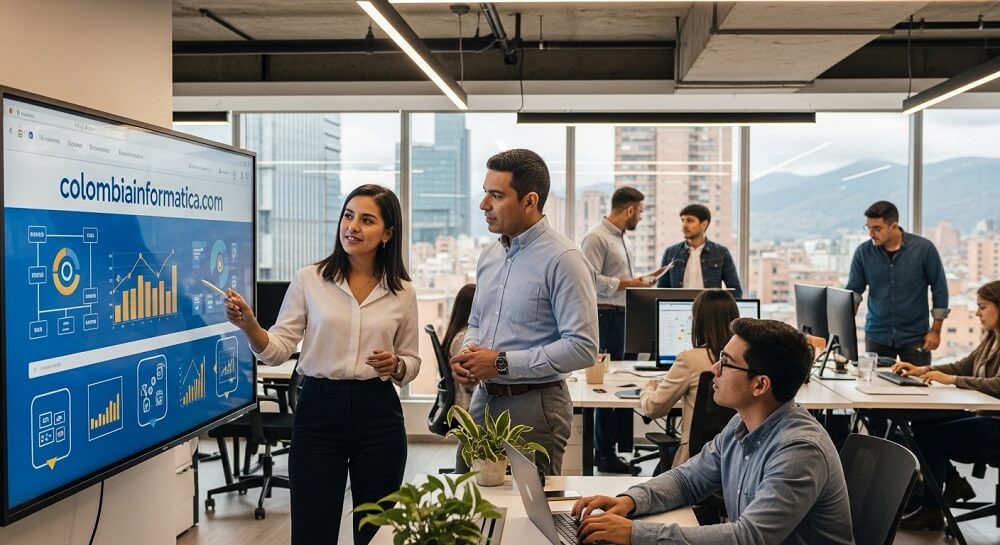 Profesionales en una oficina moderna analizan gráficos digitales en una pantalla con el dominio colombiainformatica.com, simbolizando el valor y la relevancia del dominio .com en el entorno empresarial y tecnológico actual.