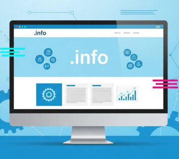 Pantalla de computadora mostrando un sitio web con dominio .info, con diseño moderno, fondo azul claro y elementos tecnológicos, optimizado para SEO.
