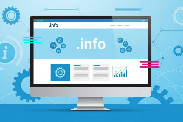 Pantalla de computadora mostrando un sitio web con dominio .info, con diseño moderno, fondo azul claro y elementos tecnológicos, optimizado para SEO.
