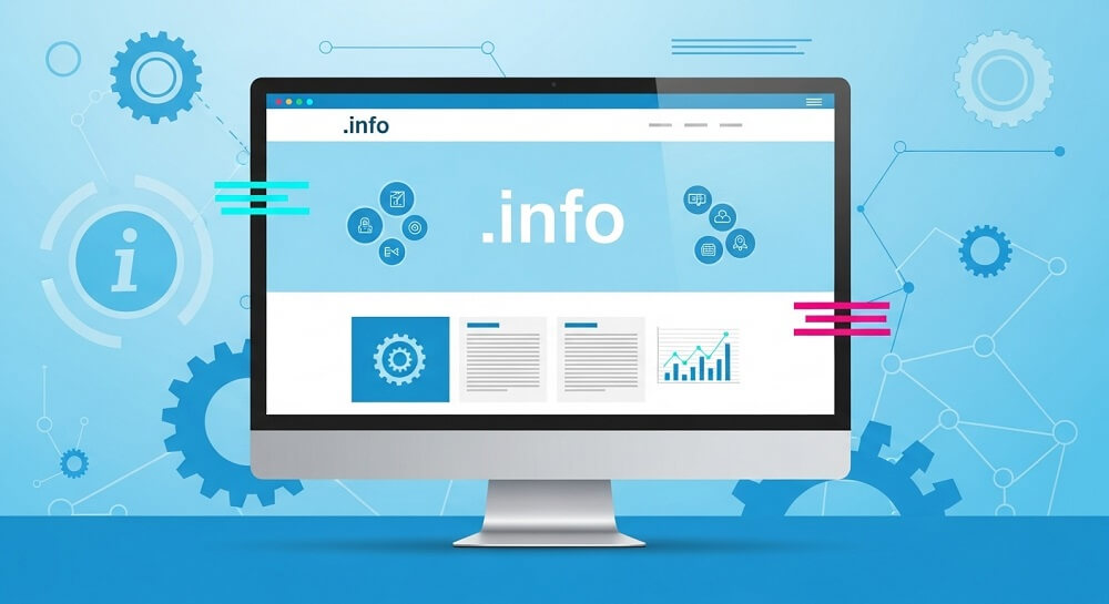 Pantalla de computadora mostrando un sitio web con dominio .info, con diseño moderno, fondo azul claro y elementos tecnológicos, optimizado para SEO.