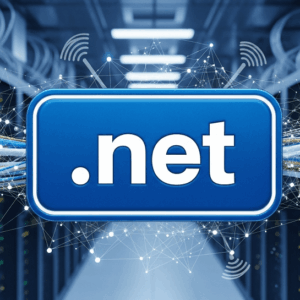 Infraestructura de Red con Dominio .NET - Tecnología y Conectividad Digital Servidor de red con logo de dominio .net y conexiones digitales de fibra óptica en centro de datos