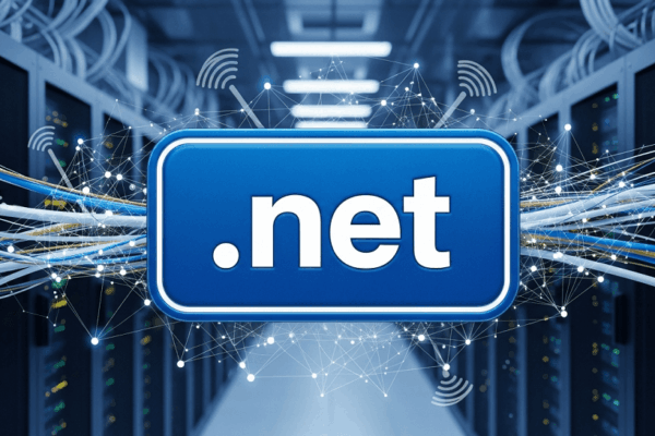 Servidor de red con logo de dominio .net y conexiones digitales de fibra óptica en centro de datos
