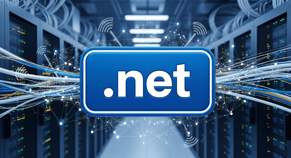 Servidor de red con logo de dominio .net y conexiones digitales de fibra óptica en centro de datos
