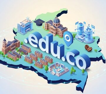 Mapa de Colombia con dominio .edu.co y edificios educativos universitarios en ilustración 3D isométrica