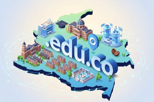 Mapa de Colombia con dominio .edu.co y edificios educativos universitarios en ilustración 3D isométrica