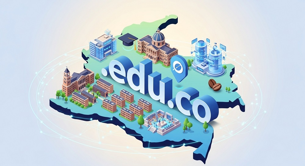 Mapa de Colombia con dominio .edu.co y edificios educativos universitarios en ilustración 3D isométrica