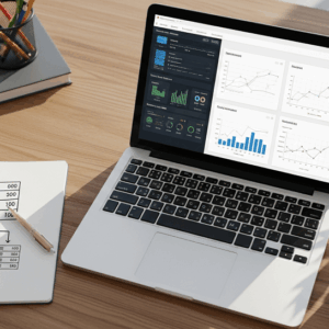 Espacio de trabajo para gestión de servidores VPS y hosting Escritorio con laptop mostrando panel de control de servidor VPS y diagrama de hosting en cuaderno
