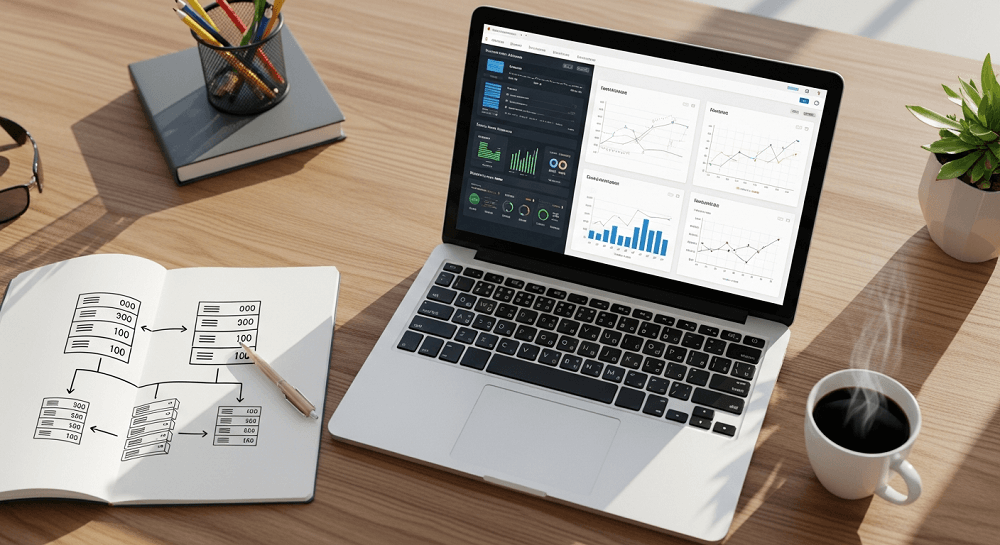 Escritorio con laptop mostrando panel de control de servidor VPS y diagrama de hosting en cuaderno