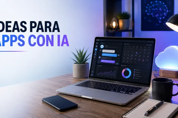 Aplicaciones que puedes crear con IA y alojar en tu hosting: laptop con apps web y servidor en la nube