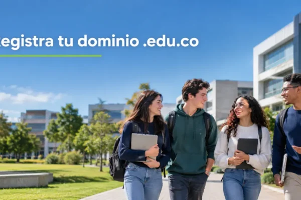 Estudiantes en un campus con el título dominio .edu.co