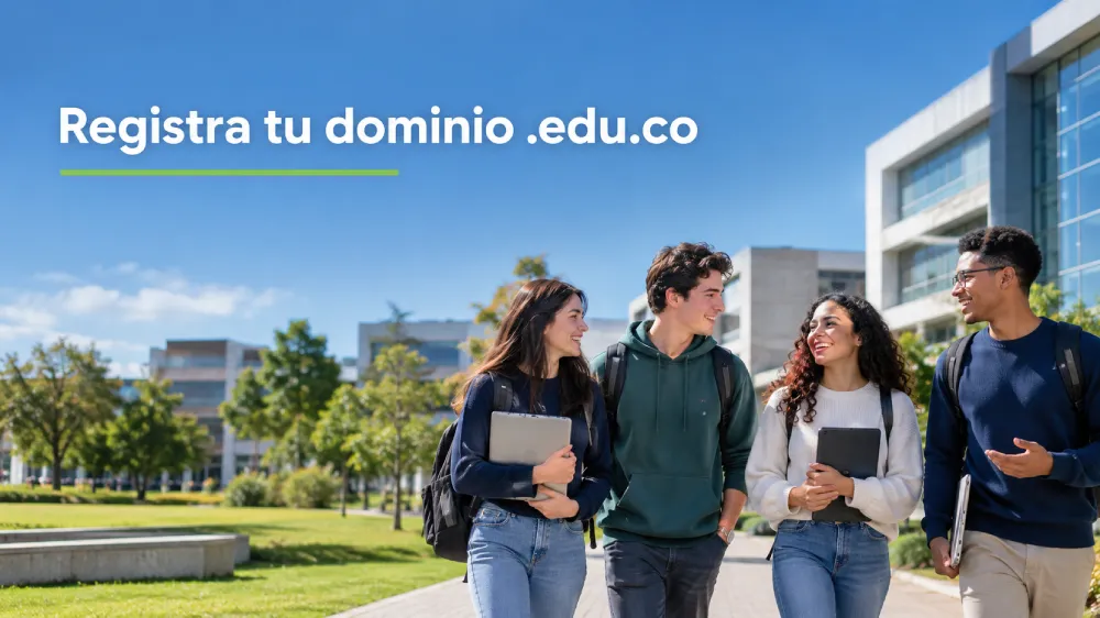 Estudiantes en un campus con el título dominio .edu.co